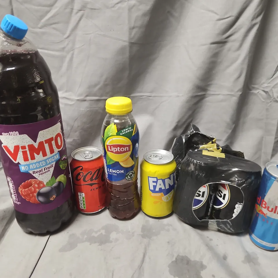 APPROXIMATELY 12 ASSORTED DRINK ITEMS TO INCLUDE RED BULL SUGAR FREE, VIMTO REAL FRUIT SQUASH, FANTA LEMON, ETC - COLLECTION ONLY