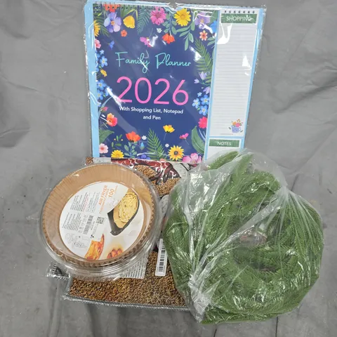 APPROXIMATELY 15 ASSORTED HOUSEHOLD PRODUCTS TO INCLUDE FAMILY PLANNER, WREATH, AIR FRYER PARCHMENT PAPER, ETC