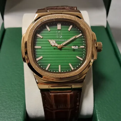 FRANK SCHMIDT STAINLESS STEEL GREEN FACED GENTS WATCH WITH BROWN LEATHER STRAP 