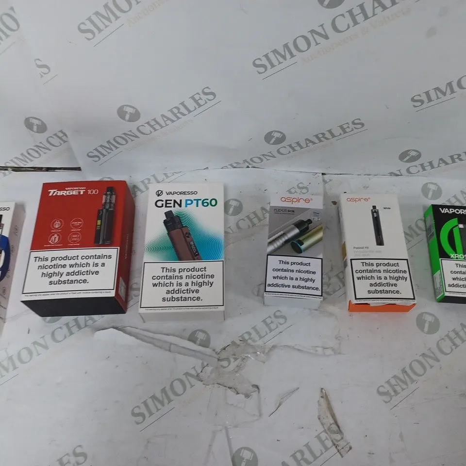 APPROXIMATELY 10 BOXED E-CIGARETTES TO INCLUDE VAPORESSO TARGET 100 MOD, GEEKVAPE L200, AND ASPIRE POCKEX KIT ETC. 