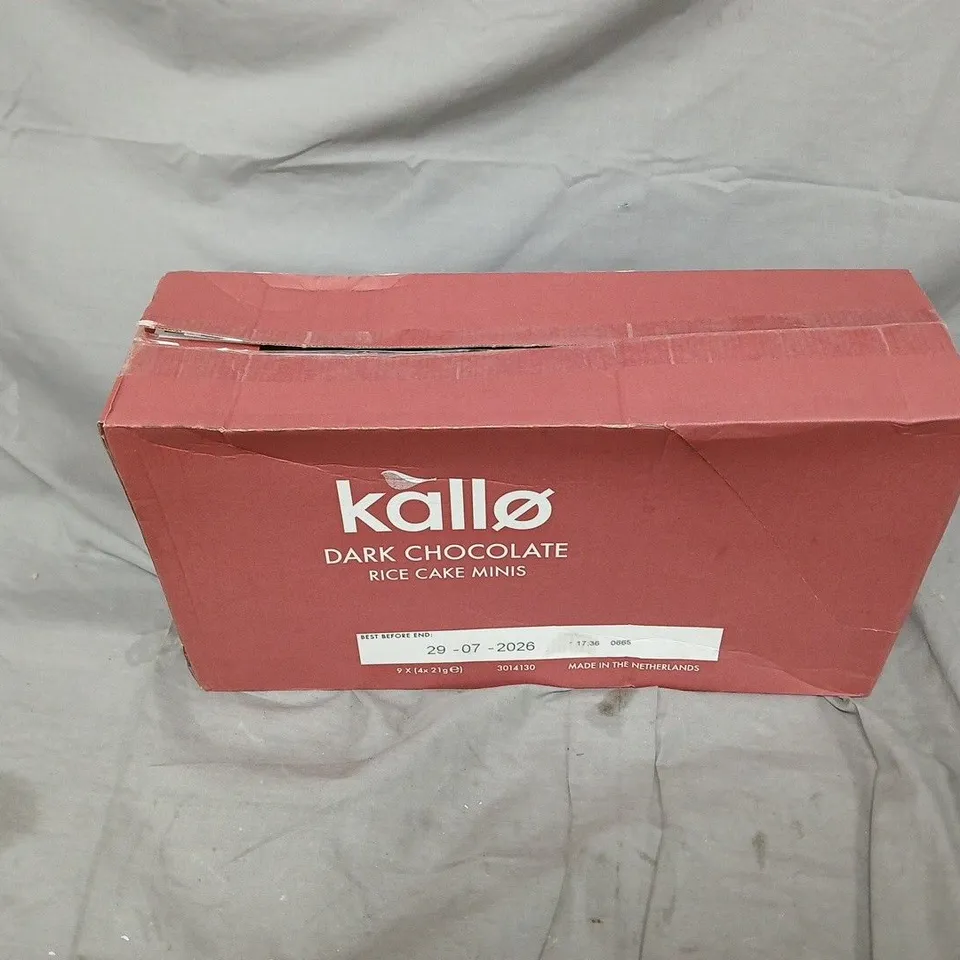 KALLO DARK CHOCOLATE RICE CAKE MINIS – BOXED SNACK. 9 X 4 X 21G