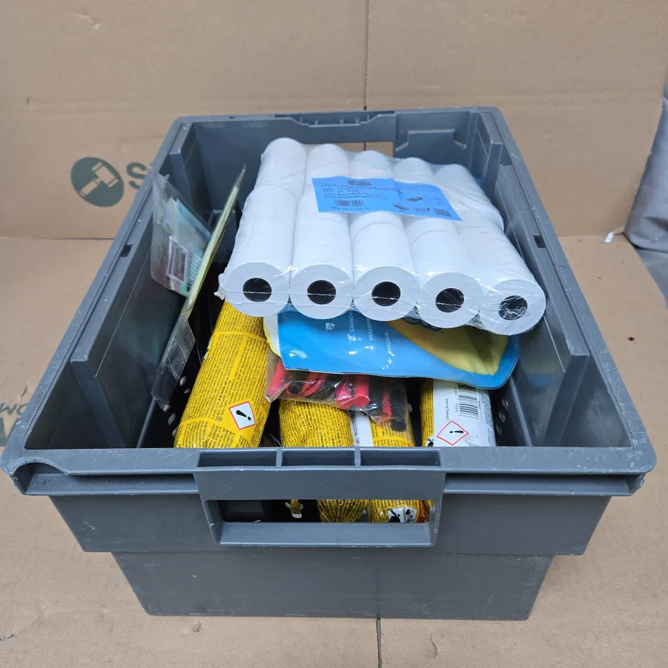 TOTE OF APPROXIMATELY 12 ASSORTED HOUSEHOLD ITEMS TO INCLUDE TILL RECEIPT ROLLS, MAGNETS, MELA BRITE COLOUR SAFE WHITENER ETC