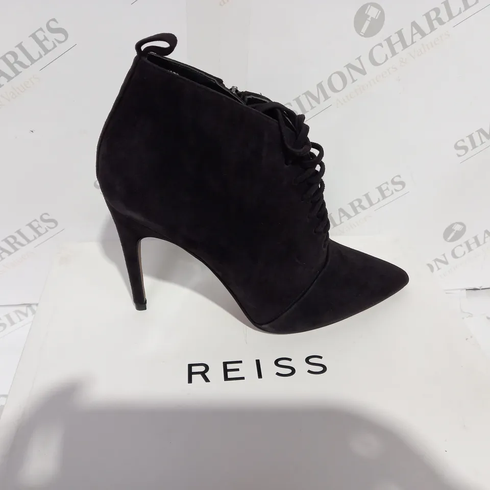 BOXED REISS SUEDE CHOCOLATE BOOT HEELS - SIZE 5