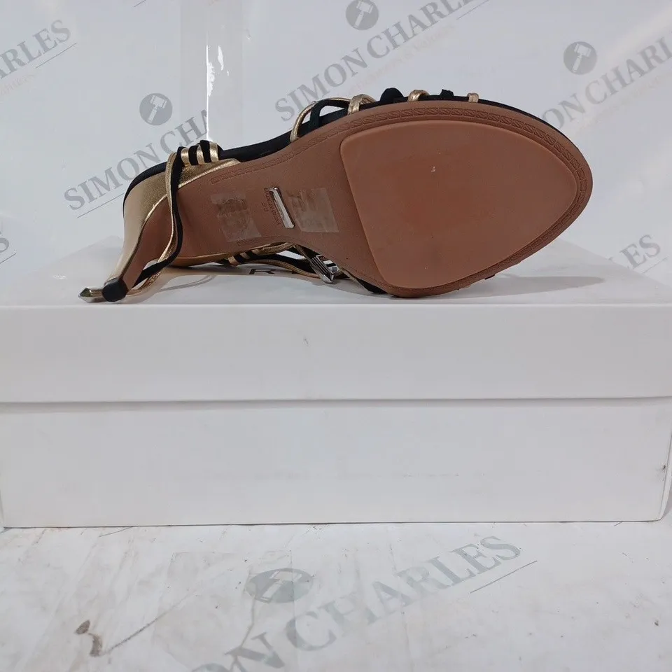 BOXED PAIR OF REISS CASSIDY STRAPPY HEELS IN BLACK/GOLD SIZE 5