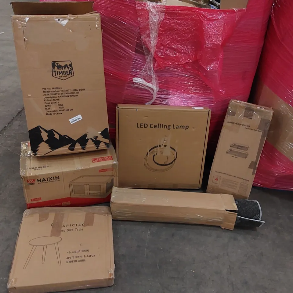 PALLET OF ASSORTED CONSUMER GOODS AND FURNITURE PRODUCTS TO INCLUDE; CAMPING WAGON, LED CEILING LAMP, SIDE TABLE, RUG, STORAGE BOX ECT.
