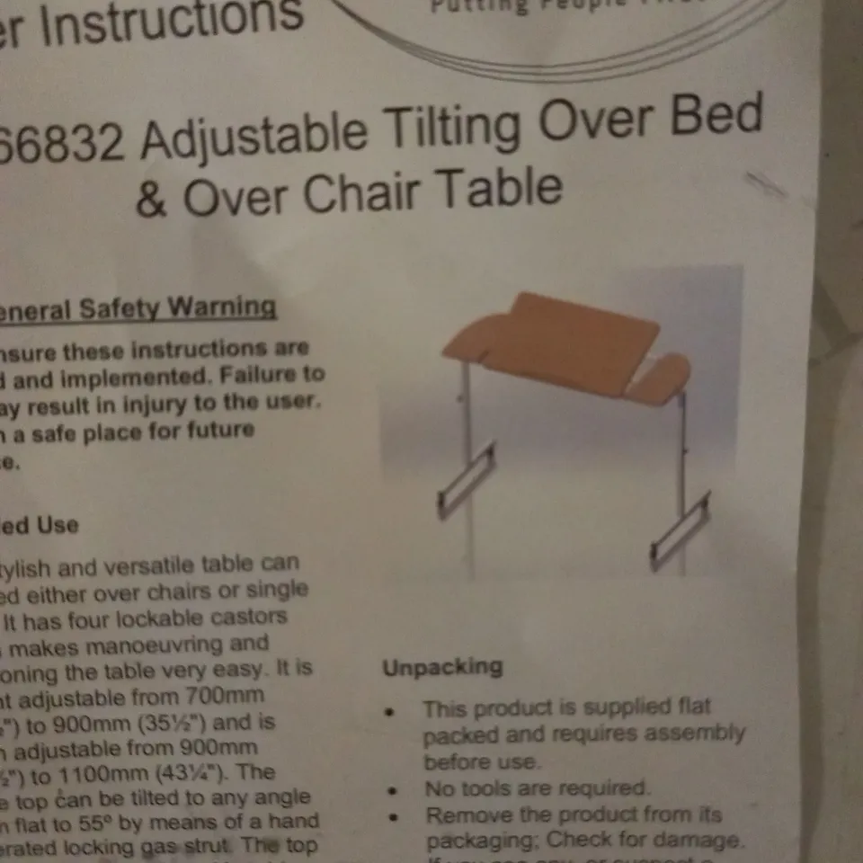 NRS HEALTHCARE M66832 WHEELED AND TILTING OVER BED OR CHAIR TABLE - HEIGHT AND WIDTH ADJUSTABLE