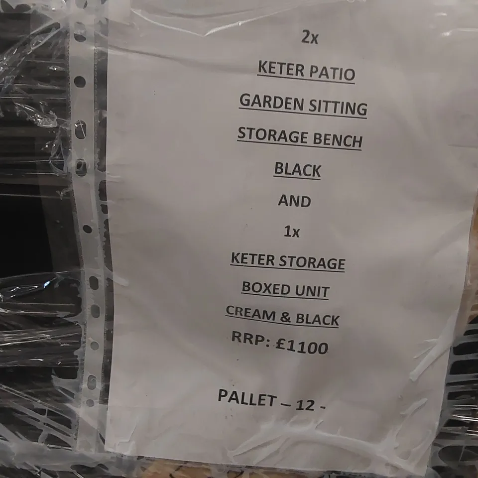 PALLET CONTAINING APPROXIMATELY 2x KETER PATIO GARDEN SITTING STORAGE BENCH AND 1x KETER STORAGE BOXED UNIT