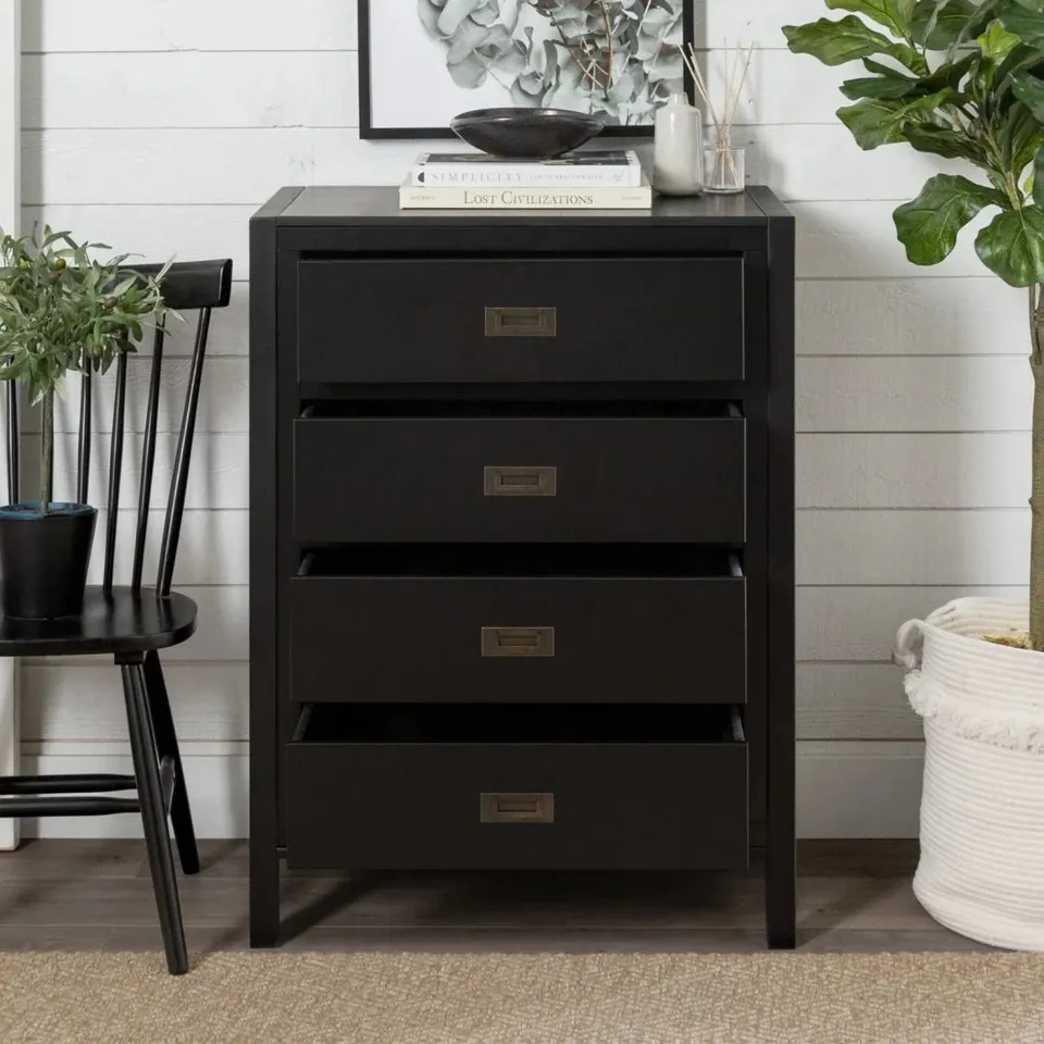 BOXED WALKER EDISON TALLBOY CHEST OF DRAWERS 4 STORAGE DRAWER CABINET BLACK SOLID WOOD - BLACK (1 BOX)