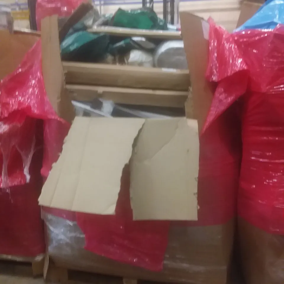 PALLET OF ASSORTED HOUSEHOLD PRODUCTS AND ITEMS, INCLUDING; FOLDING STEP, UNDERSINK WATER FILTRATION SYSTEM, BATHROOM HOOK SHELF UNIT, BOXED FURNITURE ETC
