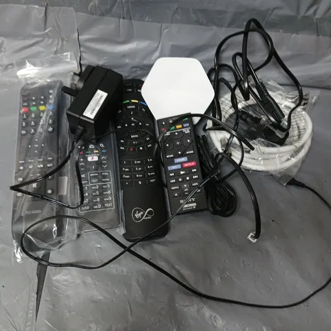 APPROXIMATELY 10 ASSORTED HOUSEHOLD ITEMS TO INCLUDE POWER CABLES, REMOTES, ETC