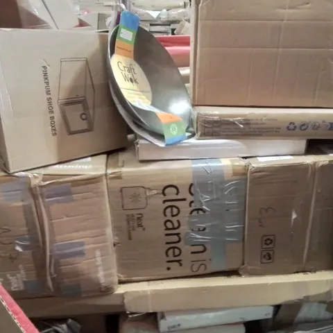 PALLET CONTAINING VARIOUS ASSORTED BOXED HOUSEHOLD ITEMS TO INCLUDE: STEAM CLEANER, SHOE BOXES, TOILET SEATS, CRAFT WOK, AND LOTS MORE UNMARKED BOXED ITEMS
