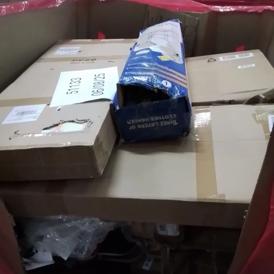 PALLET OF ASSORTED HOUSEHOLD ITEMS AND CONSUMER PRODUCTS TO INCLUDE; AIR COOLER, BABY PLAYPEN, CLOTHES HANGER, BOXED FURNITURE ETC 