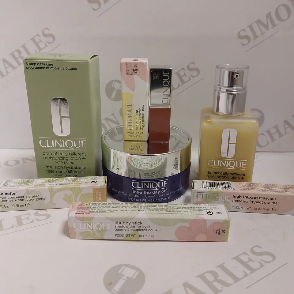 BOX OF APPROX 6 CLINIQUE ITEMS TO INCLUDE ALL OVER CONCEALER, TAKE THE DAY OFF CLEANSING BALM AND MOISTURISING LOTION