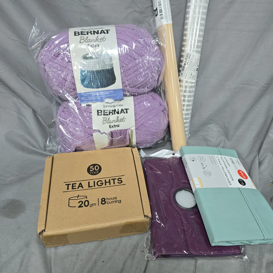 APPROXIMATELY 20 ASSORTED HOUSEHOLD PRODUCTS TO INCLUDE TEA LIGHTS, BERNAT BLANKET, EGYPTIAN COTTON PILLOWCASES, ETC - COLLECTION ONLY
