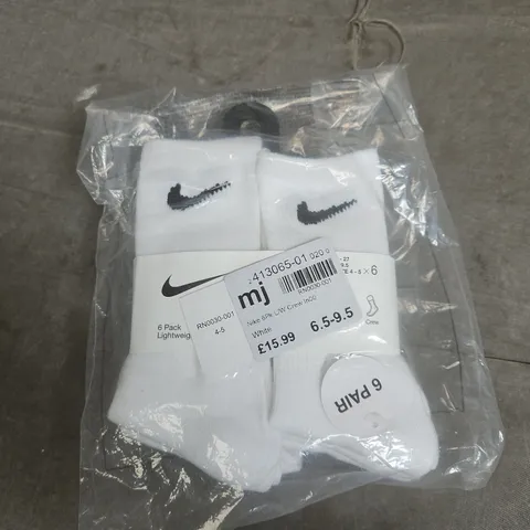 NIKE WHITE CREW SOCKS, 6 PACK – LIGHTWEIGHT, UK SIZE 6-9.5
