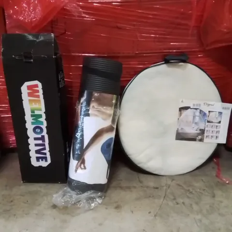 PALLET OF ASSORTED HOUSEHOLD GOODS AND PRODUCTS TO INCLUDE;YOGA MAT,KICK SCOOTER,MOSQUITO NET