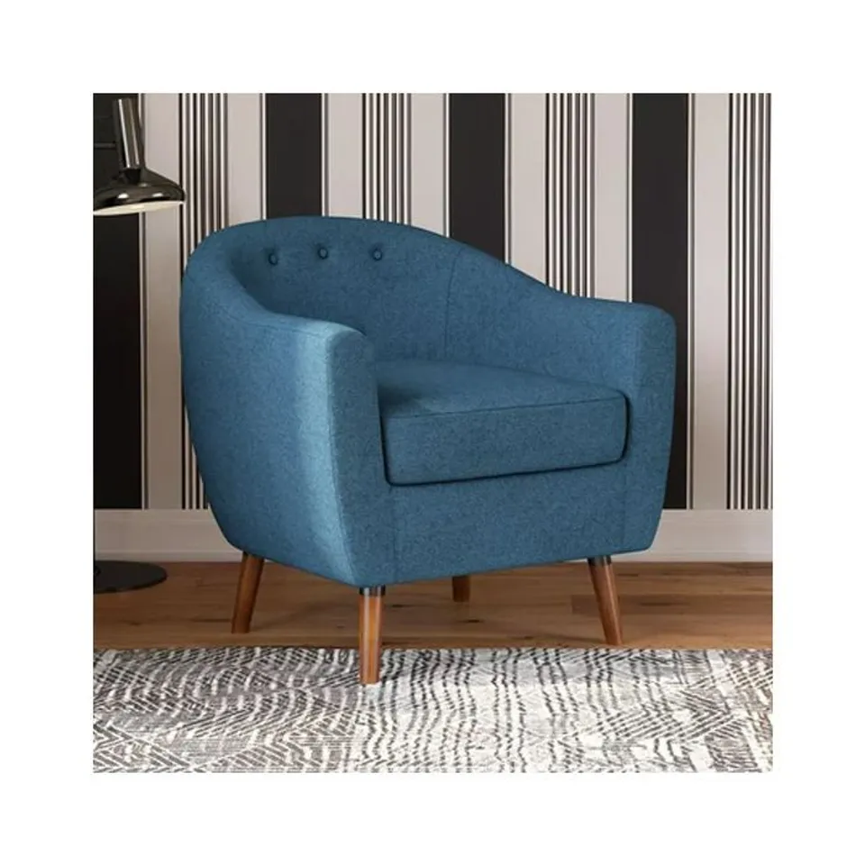 BOXED BRIE LINEN FABRIC BEDROOM CHAIR IN BLUE WITH SOLID WOOD LEGS