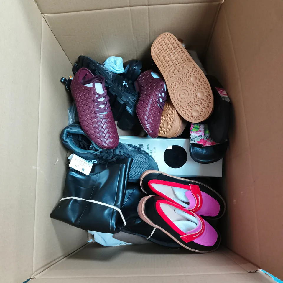 BOX OF APPROXIMATELY 15 PAIRS OF ASSORTED FOOTWEAR ITEMS OF VARIOUS STYLES, SIZES AND COLOURS
