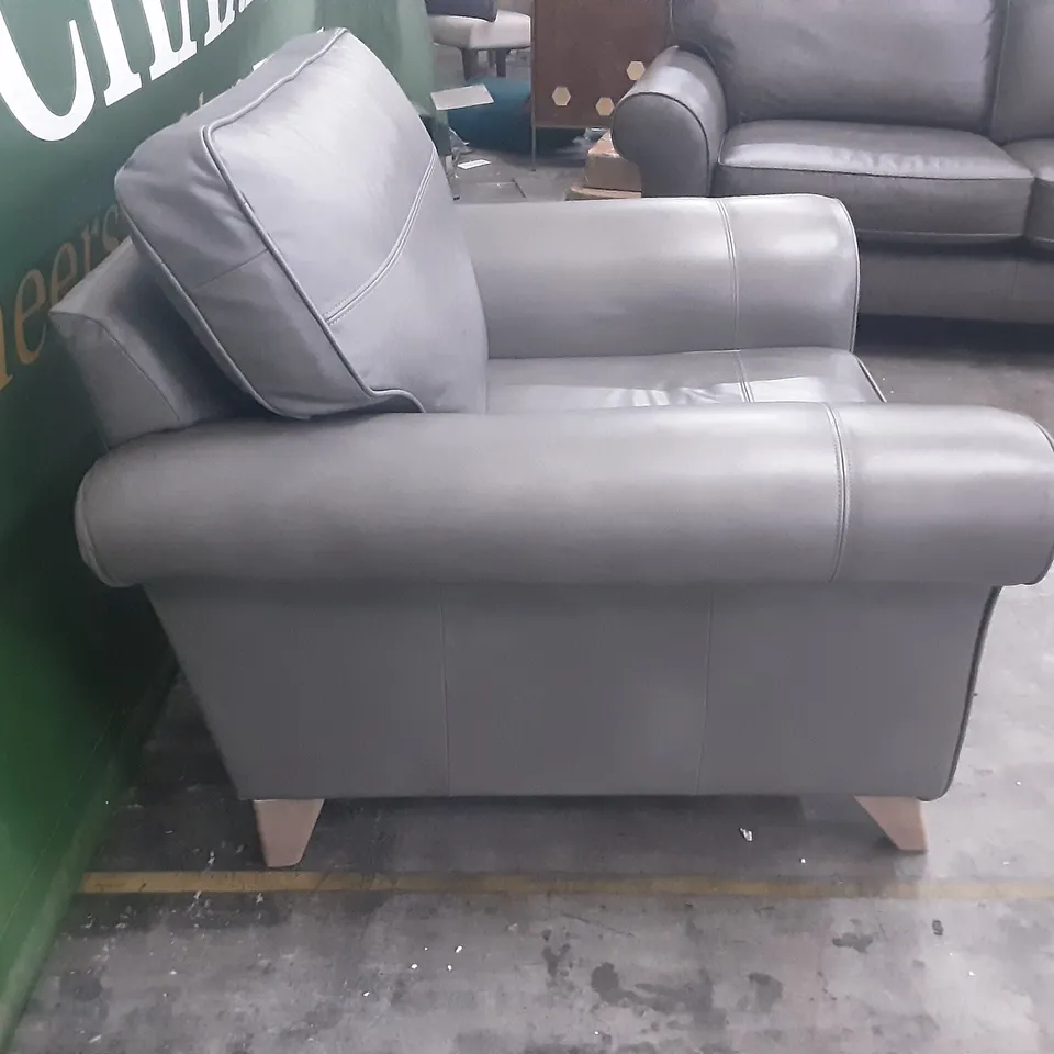 QUALITY BRITISH MADE LOUNGE Co PENELOPE GREY LEATHER ARMCHAIR ON LIGHT WOODEN FEET 
