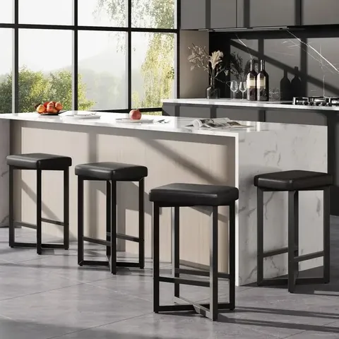 BOXED GARVEE MODERN COMFORT BAR STOOLS SET – 24.6" COUNTER HEIGHT, BACKLESS PU LEATHER UPHOLSTERED SEAT, METAL X-FRAME & FOOTREST, FOR KITCHEN ISLAND, HOME BAR, DINING ROOM – BLACK, 4PC
