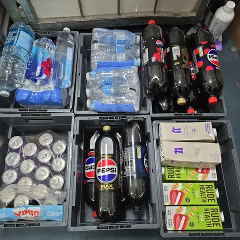 LARGE QUANTITY OF ASSORTED DRINKS TO INCLUDE PEPSI 2L, VIMTO CANS, OAT MILK AND WATERS