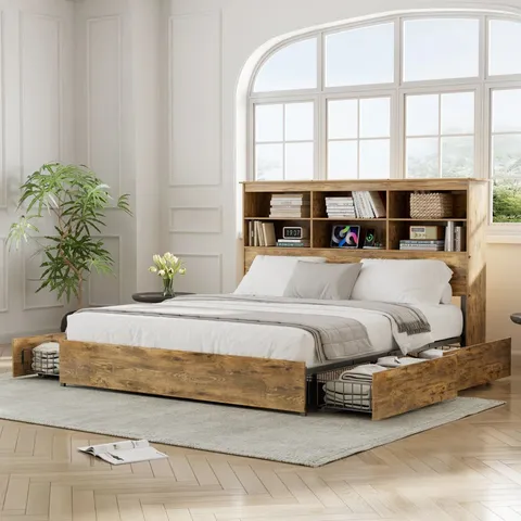 BOXED BED FRAME WITH TALL STORAGE BOOKCASE HEADBOARD 4 LARGE STORAGE DRAWERS AND CHARGING STATION (2 BOXES)