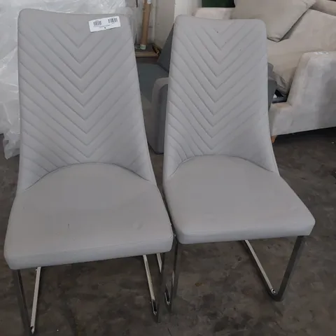 PAIR OF DESIGNER UPHOLSTERED DINING CHAIRS GREY PU ON CHROME FRAME