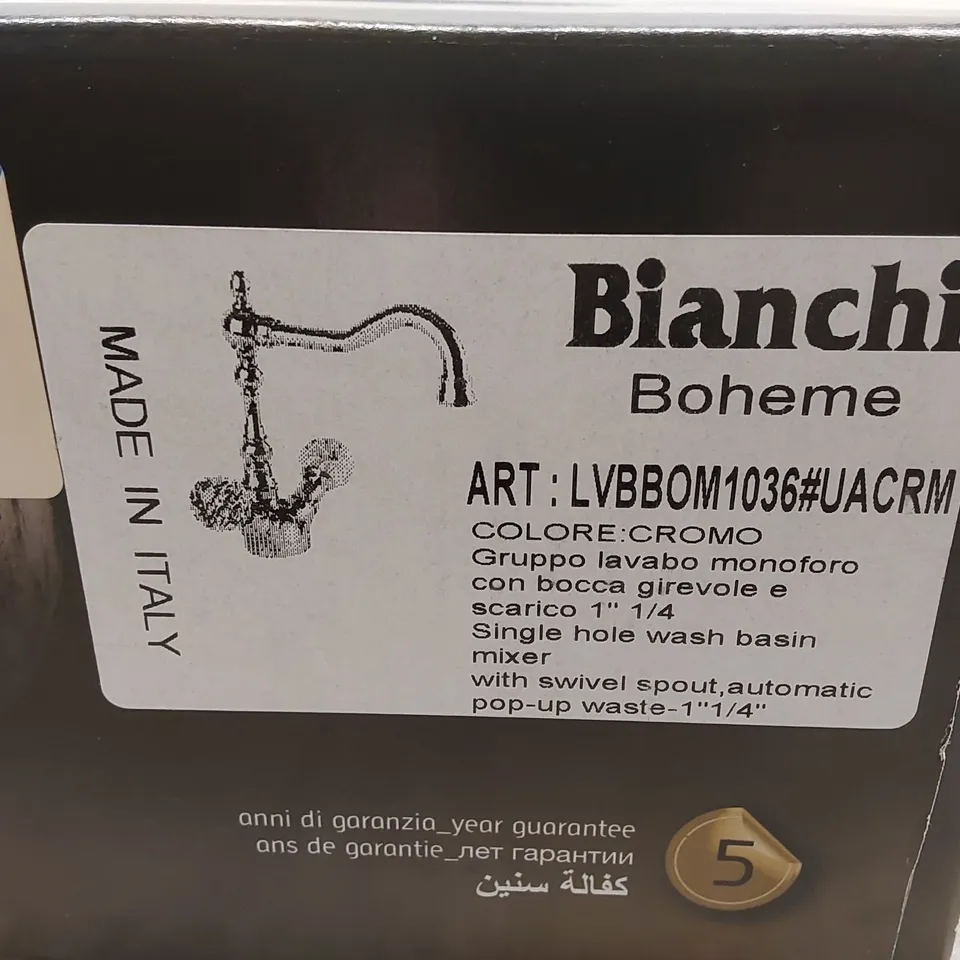 BOXED BIANCHI SINGLE HOLE WASH BASIN MIXER WITH SWIVEL SPOUT AND AUTOMATIC POP-UP WASTE