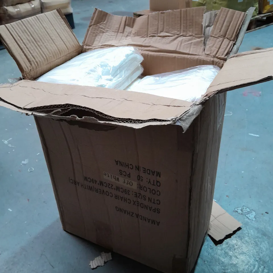 LOT OF APPROXIMATLY 50 SPANDEX CHAIR COVERS IN OFF WHITE