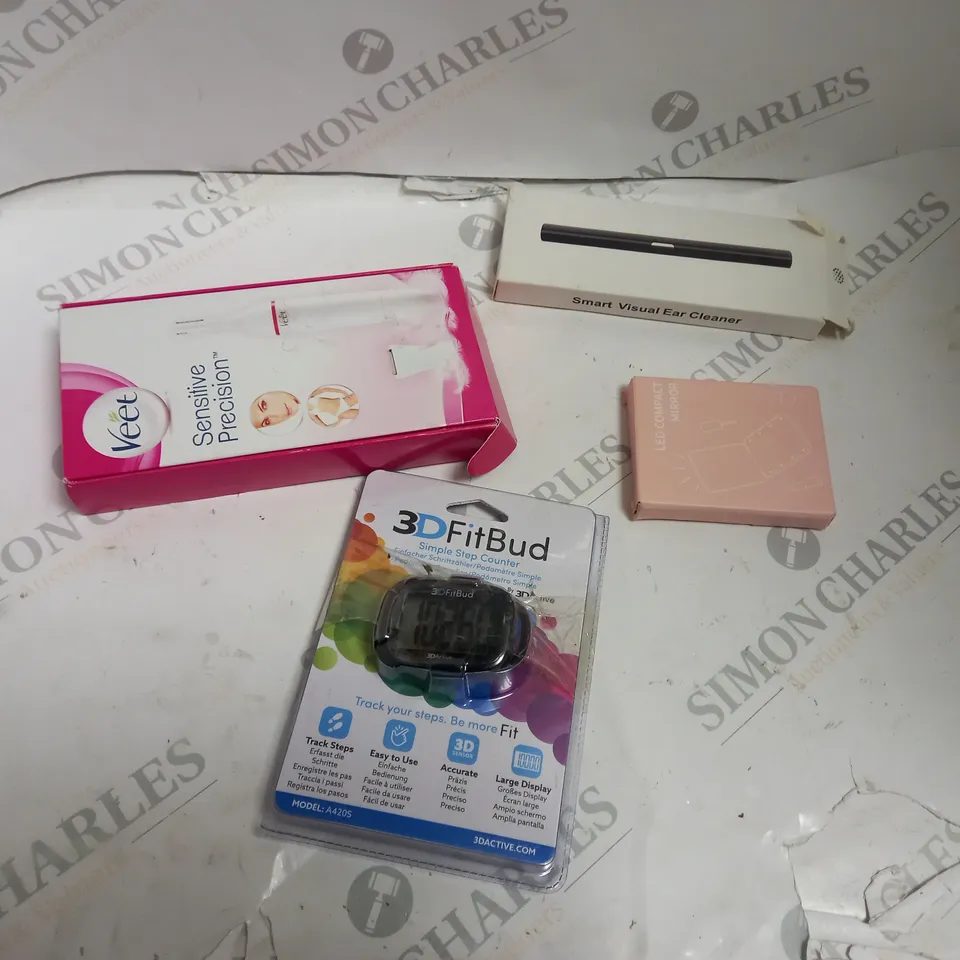 4 ASSORTED HEALTH AND BEAUTY ITEMS INCLUDING VEET, FITBUD, LED COMPACT, EAR CLEANER