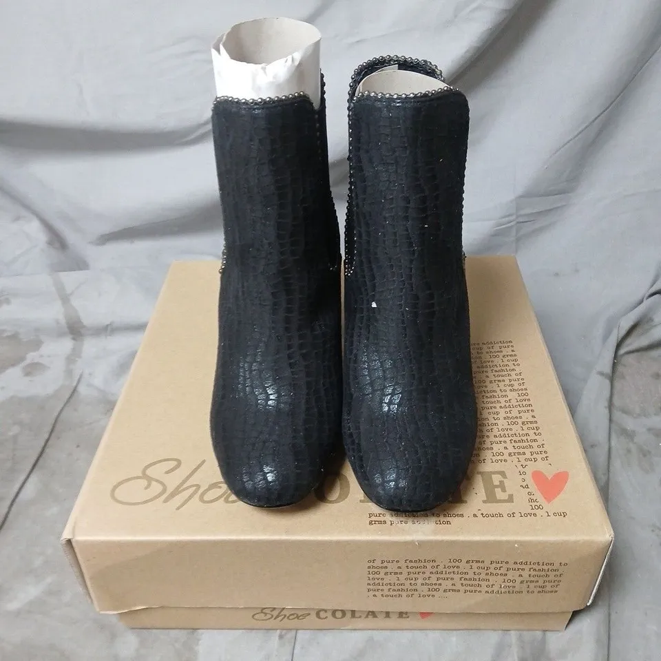 UK 4 BLACK CROCODILE-EFFECT ANKLE BOOTS WITH STUDDED TRIM – SHOECOLATE