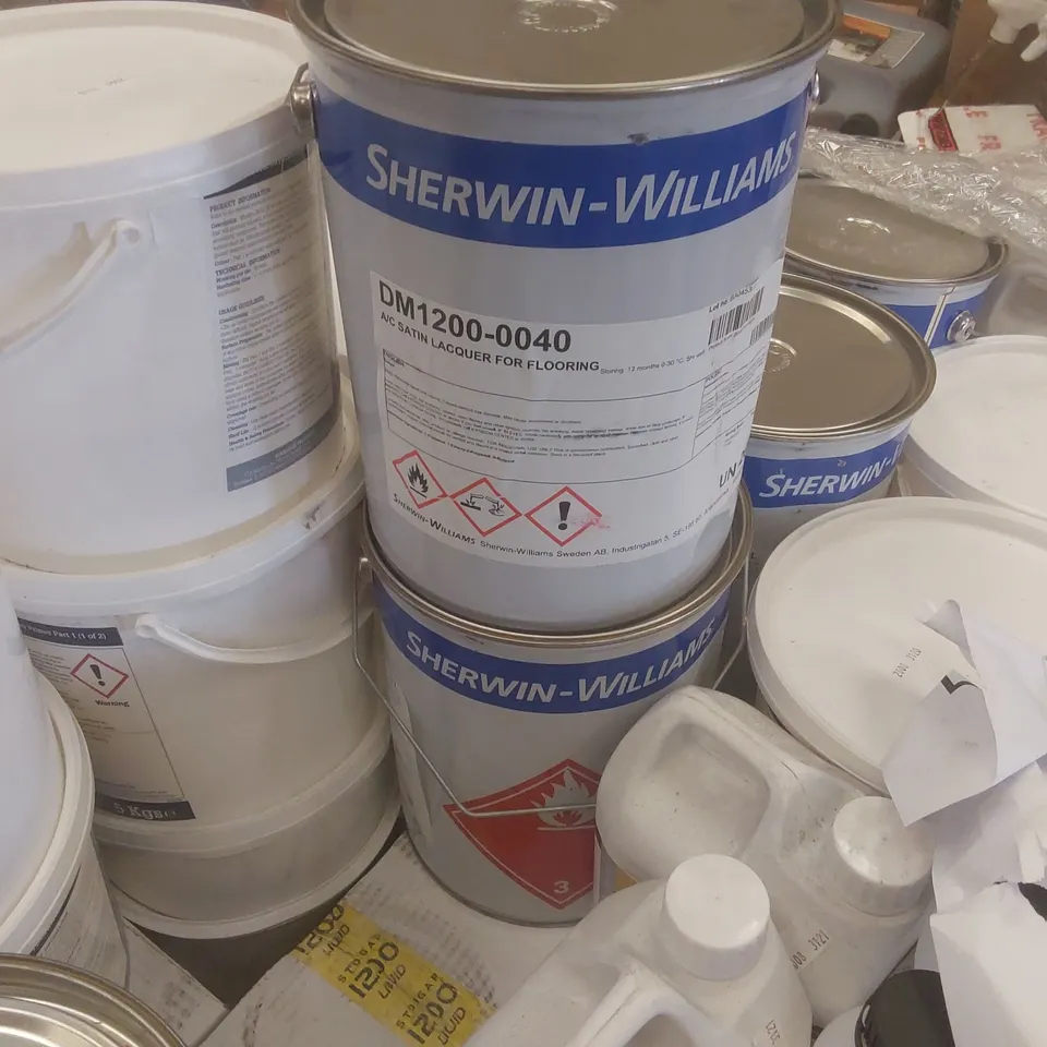PALLET CONTAINING A VERY LARGE QUANTITY OF ASSORTED BUILDING SUPPLIES INCLUDING: BALL STOP GAP LIQUID, MARLDON EPOXY PRIMER, SATIN LACQUER FOR FLOORING ECT