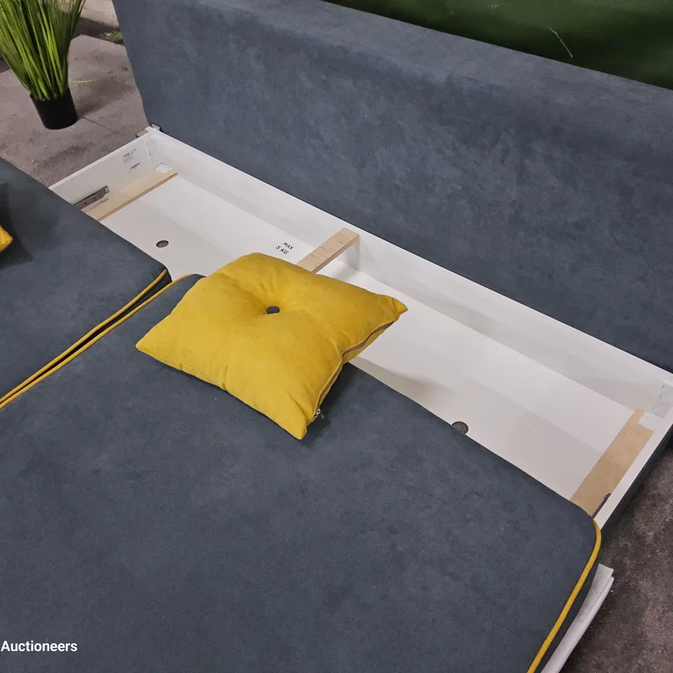 DESIGNER THREE SEATER SOFA WITH STORAGE GREY FABRIC WITH YELLOW PIPING