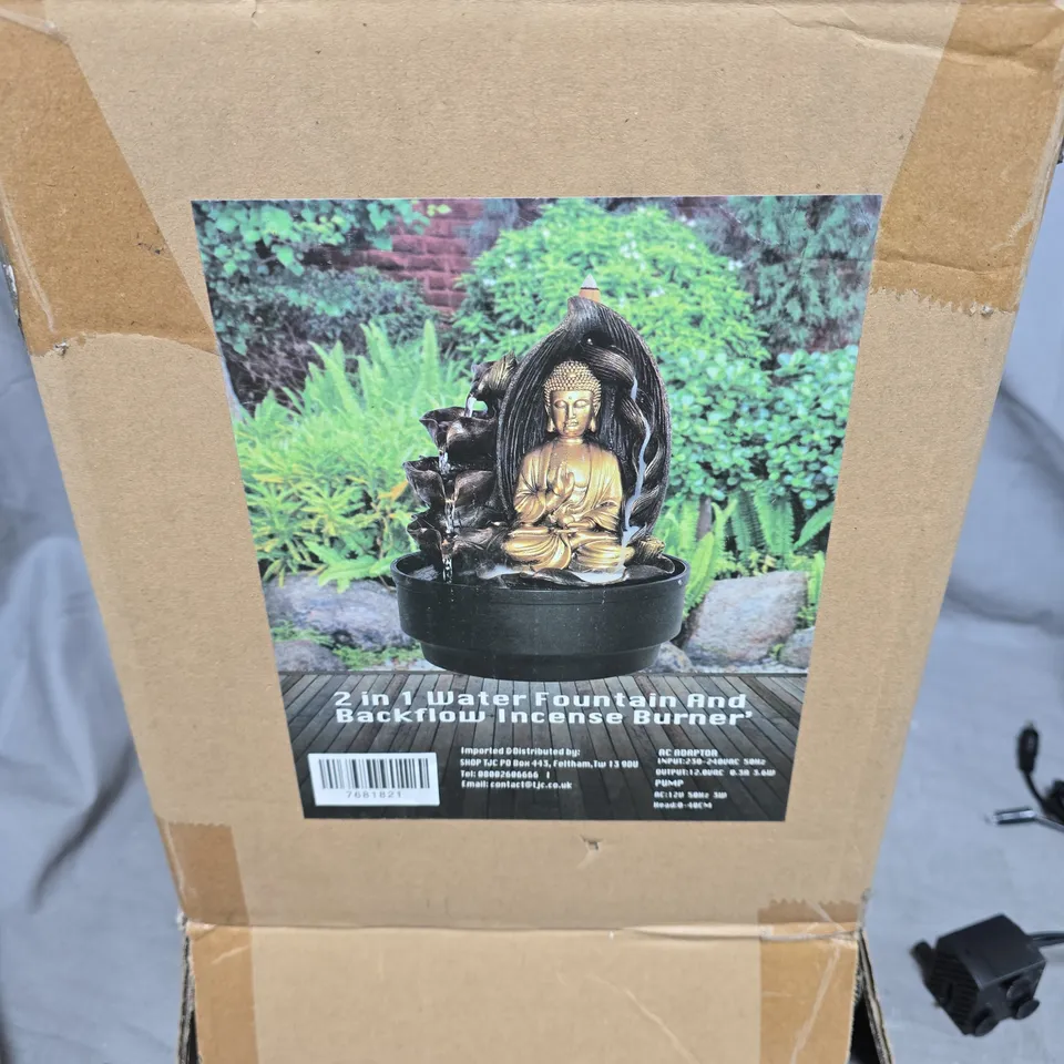 BUDDHA WATER FOUNTAIN & BACKFLOW INCENSE BURNER – TABLETOP STATUE WITH PUMP (BOXED)