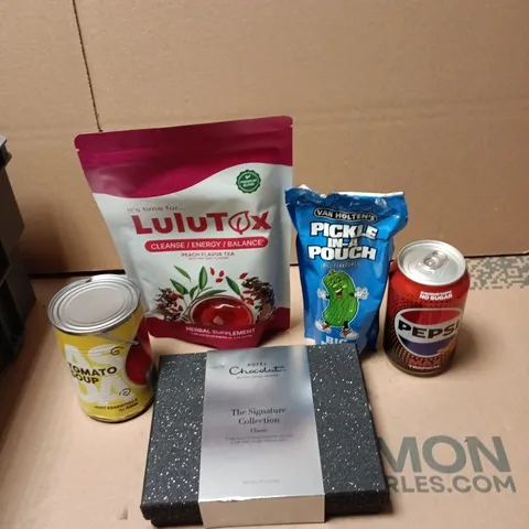 APPROXIMATELY 20 ASSORTED FOOD AND DRINK ITEMS TO INCLUDE - HOTEL CHOCOLAT SIGNATURE COLLECTION, PEPSI MAX TROPICAL AND TOMATO SOUP