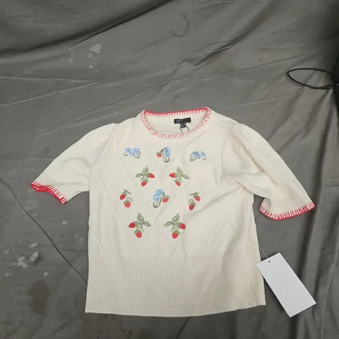 NOBODY'S CHILD KNIT JUMPER, WHITE WITH FLORAL EMBROIDERY – UK SIZE S 