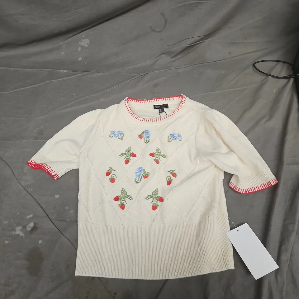 NOBODY'S CHILD KNIT JUMPER, WHITE WITH FLORAL EMBROIDERY – UK SIZE S 
