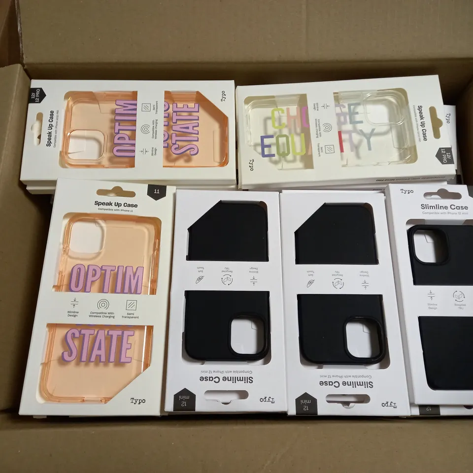 BOX OF APPROXIMATELY 50 TYPO PHONES CASES ('SLIMLINE CASE' & 'SPEAK UP CASE') FOR IPHONE 11, 12 MINI, 12/12PRO IN VARYING COLOURS