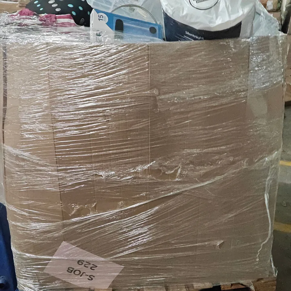 PALLET OF ASSORTED HOUSEHOLD GOODS AND PRODUCTS TO INCLUDE;PILLOWS,MOP BUCKET,PRAM, STORAGE BOXES,DUVET,BLANKET, WEIGHT SCALES