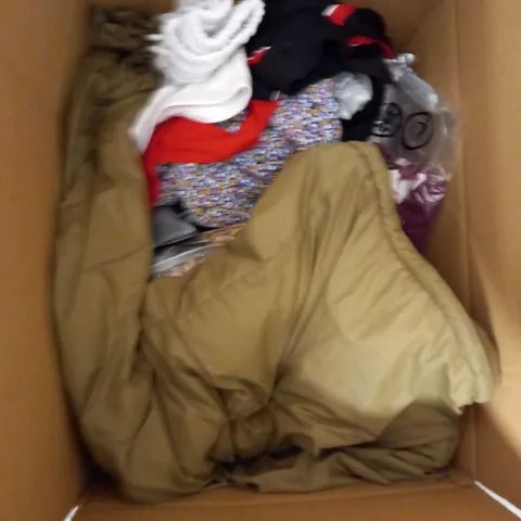 BOX OF ASSORTED CLOTHING ITEMS TOO INCLUDE DRESSES , SHIRTS AND TROUSERS IN VARIOUS SIZES AND COLOURS