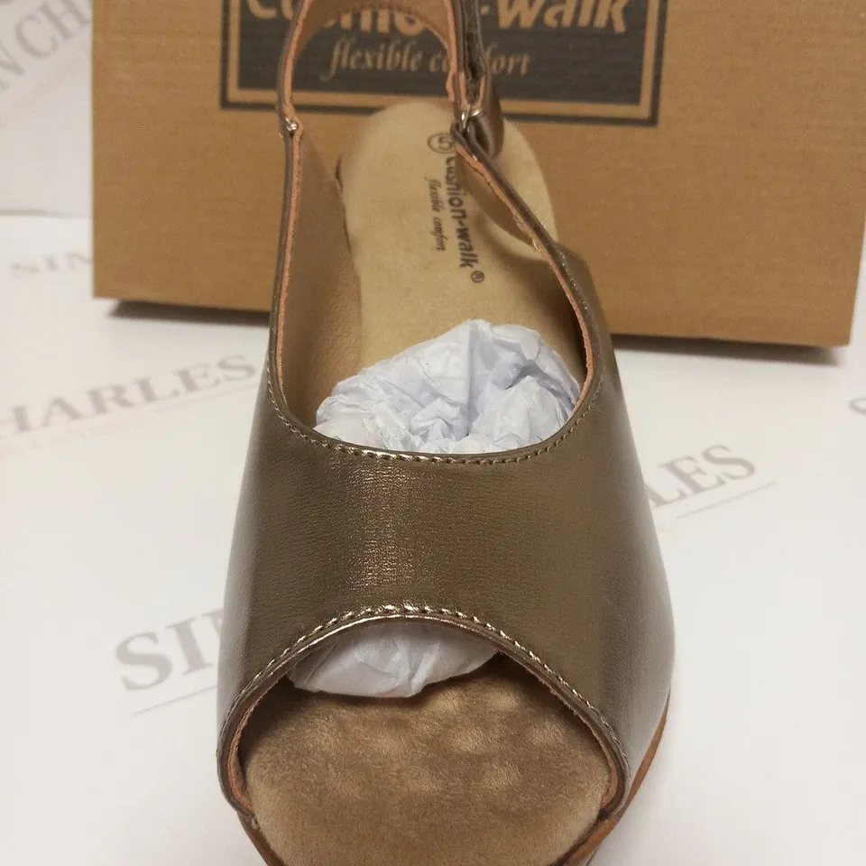 BOXED PAIR OF CUSHION WALK WEDGE HEEL SHOES IN GOLD - SIZE 5