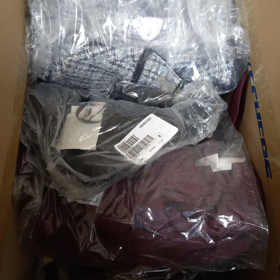 BOX OF APPROXIMATELY 10 CLOTHING ITEMS TO INCLUDE TROUSERS, CARDIGAN, JUMPER ETC