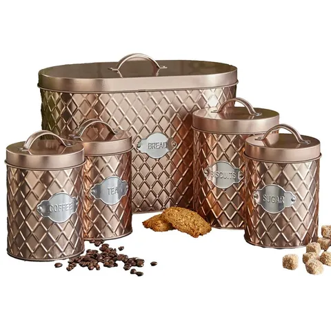 BAGGED NEO EMBOSSED DIAMOND HEXAGONAL METAL METALLIC BADGE 5 KITCHEN COUNTERTOP CANISTERS JARS TINS SET TEA COFFEE SUGAR BISCUIT BREAD BIN BOX FOOD STORAGE ORGANISER - COPPER (1 ITEM)