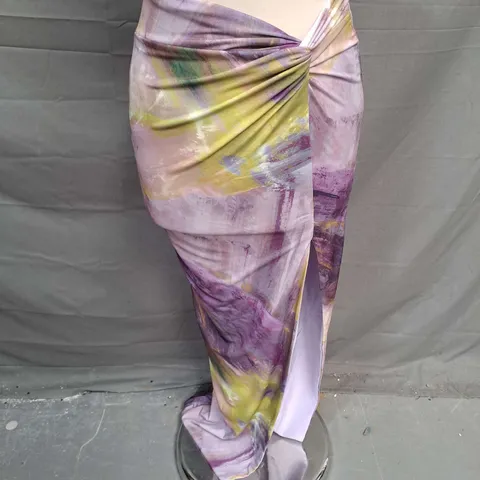 CLUB LONDON TENDER KISS ABSTRACT PRINT KNOT SPLIT MAXI SKIRT IN LILAC SIZE 8