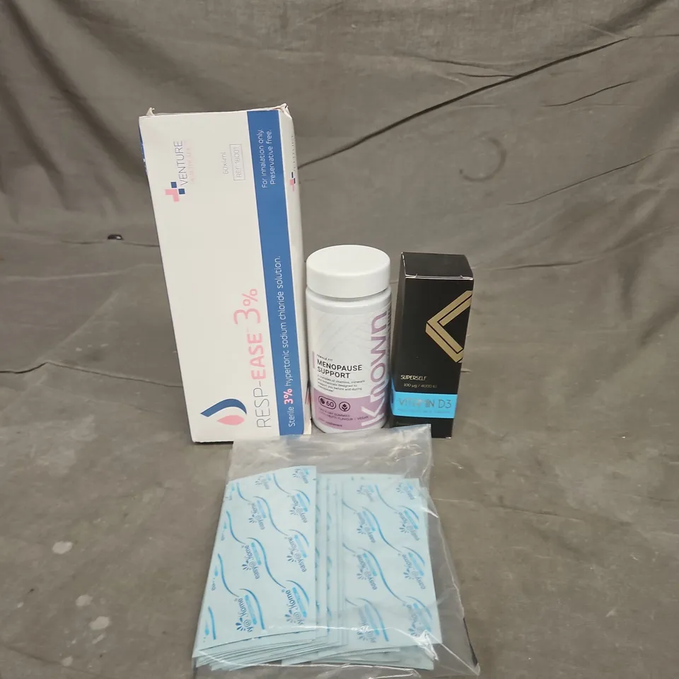 TOTE OF APPROXIMATELY 20 ASSORTED HEALTHCARE PRODUCTS TO INCLUDE OVULATION TESTS - SUPERSELF VITAMIN D3 DROPS AND MENOPAUSE SUPPORT SUPPLEMENTS