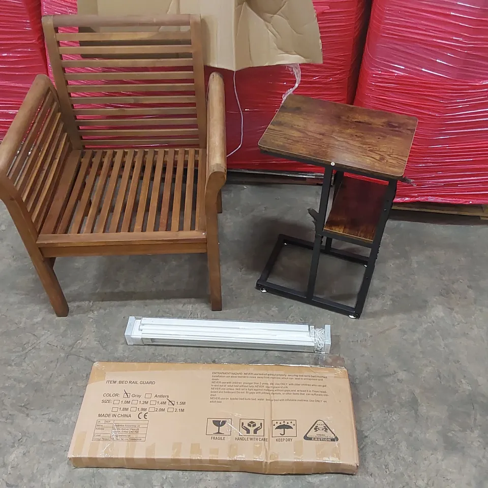 PALLET OF ASSORTED CONSUMER PRODUCTS TO INCLUDE: GARDEN CHAIR, SIDE TABLE, BED GUARD RAIL, BLINDS ECT
