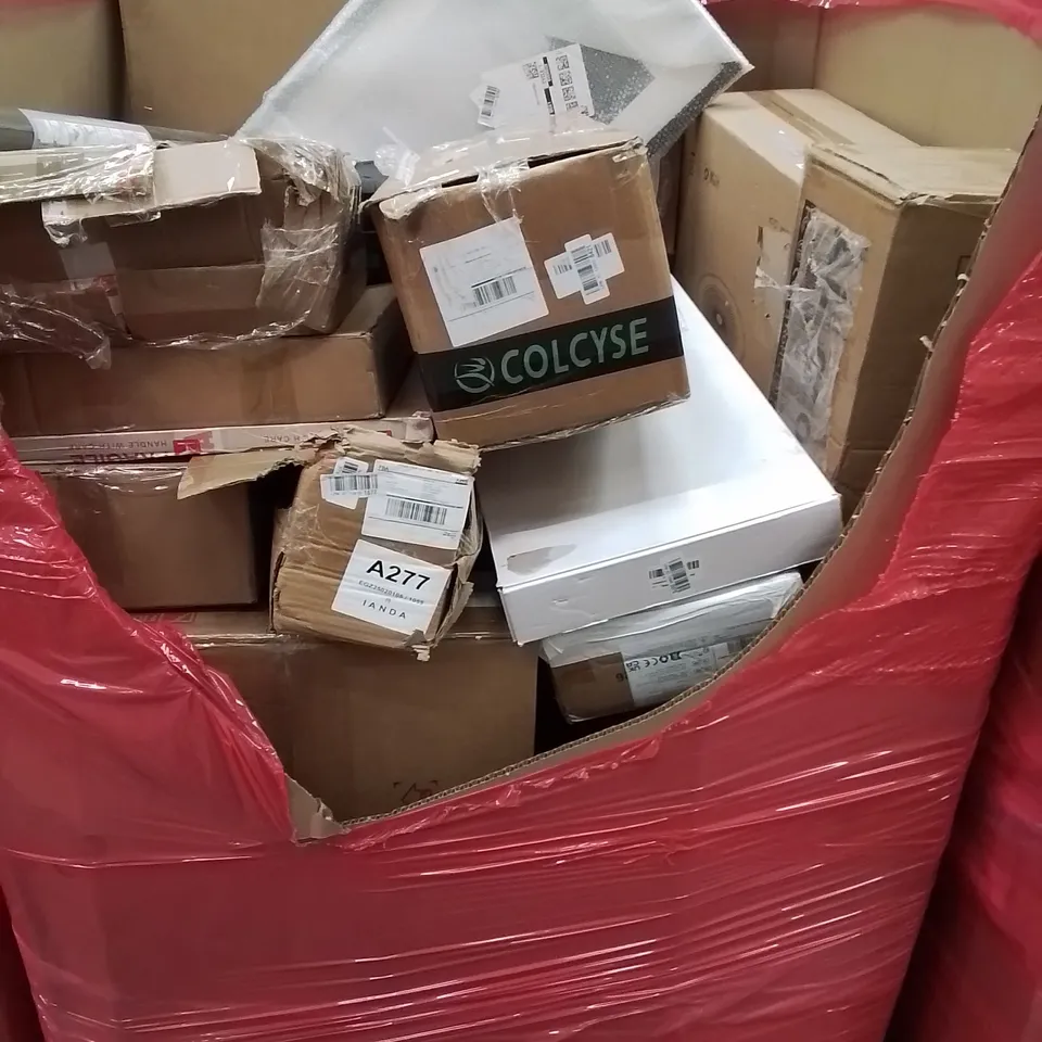 PALLET CONTAINING VARIOUS ASSORTED BOXED HOUSEHOLD ITEMS TO INCLUDE: 8" CHAINSAW, AIR COOLER, SHOWER MIXER TAPS, WINDOW FILM AND LOTS MORE UNMARKED BOXED ITEMS 
