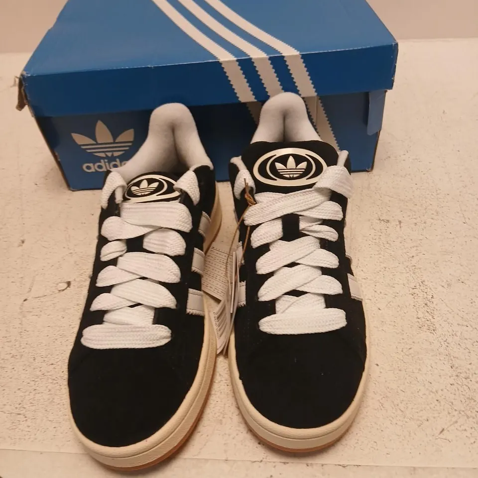 ADIDAS CAMPUS SNEAKERS – BLACK SUEDE WITH WHITE STRIPES, UK 5.5