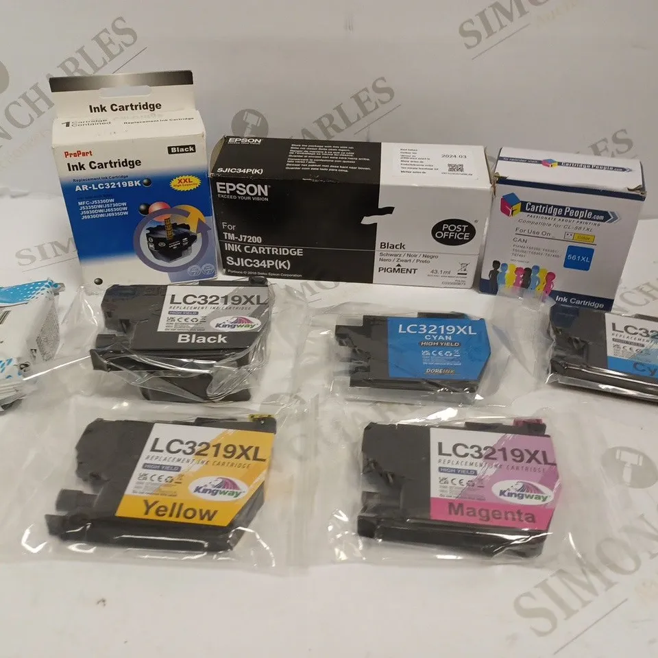 BOX OF APPROXIMATELY 25 ASSORTED REPLACEMENT PRINTER INK CARTRIDGES TO INCLUDE BLACK HP 652, CYAN LC3219XL, EPSON SJIC34P(K) ETC 