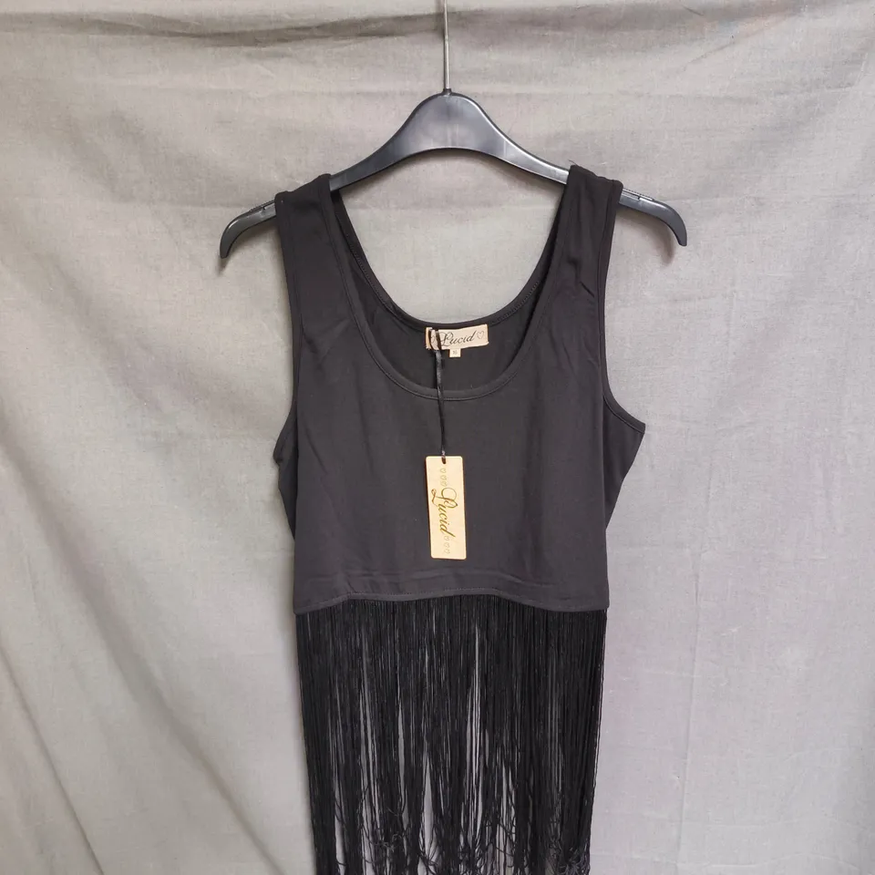 BOX OF APPROXIMATELY 90 LUCID BLACK FRINGE HEM SLEEVELESS TOP – WOMEN’S CROP TANK - SIZES 8 / 12 /16